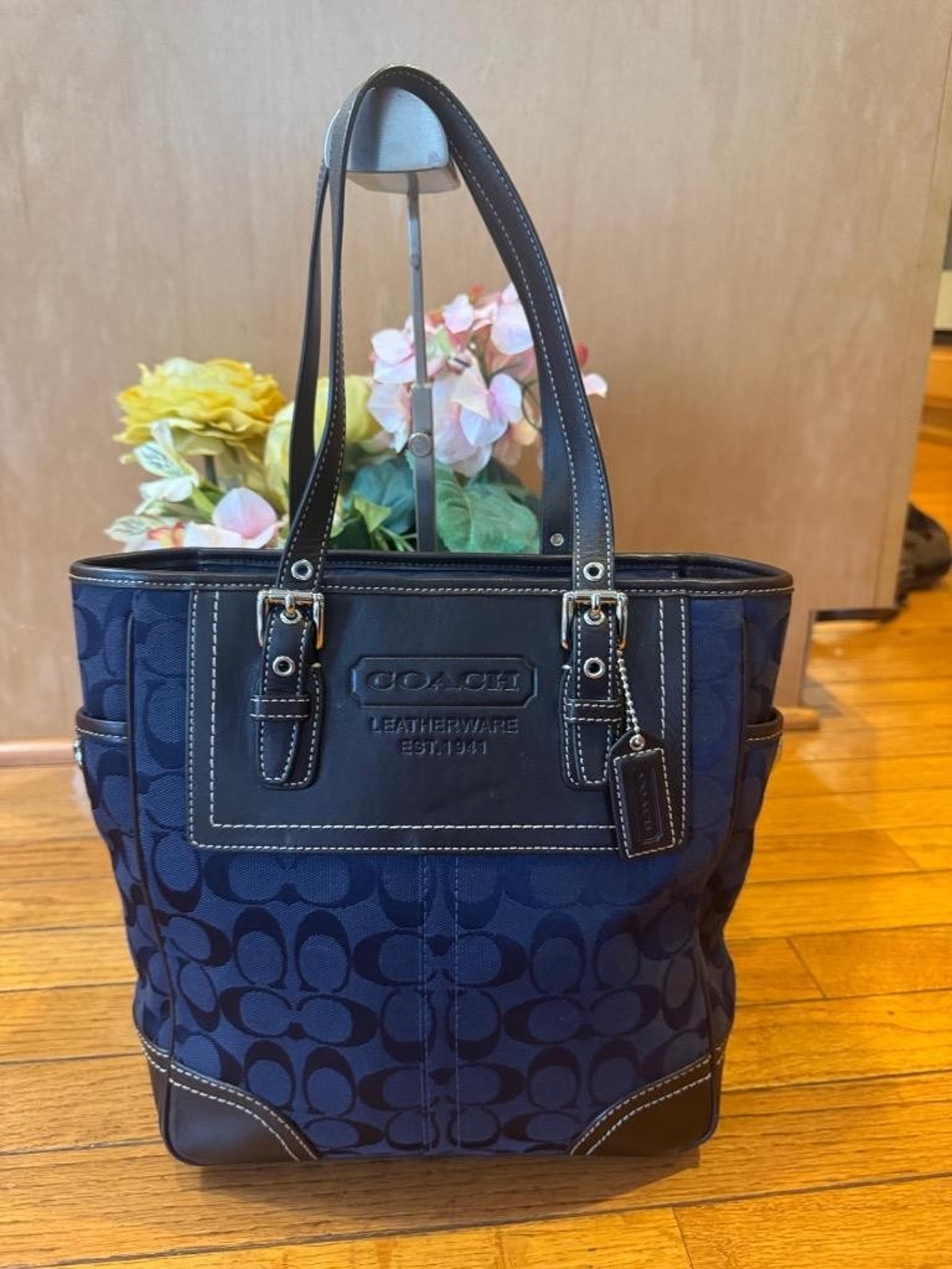 Coach Monogrammed Navy Canvas And Leather Shoulder Bag # F10659 (Pu150